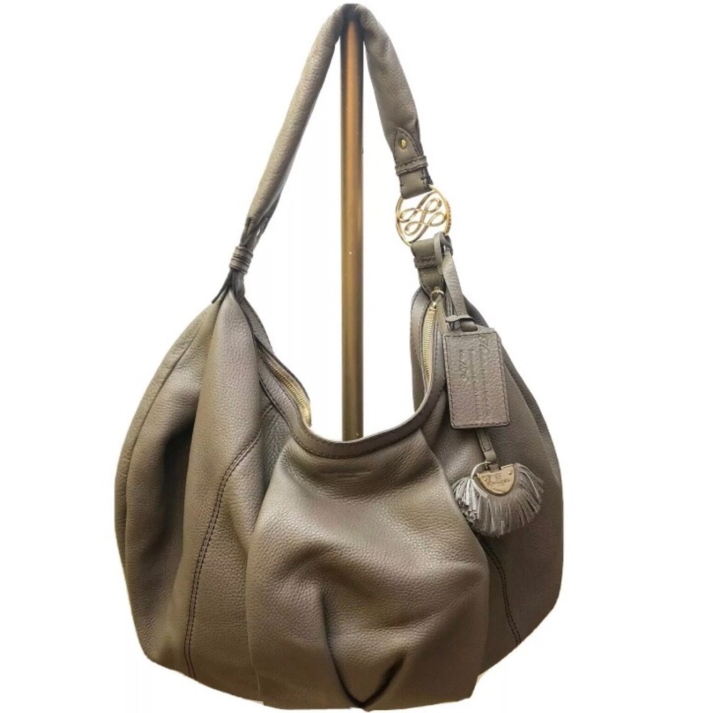 Designer Taupe Leather Hobo Bag with Gold Accent